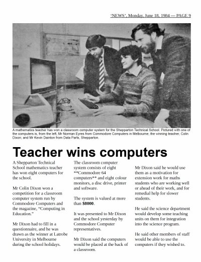 1984 article: Teacher wins computers